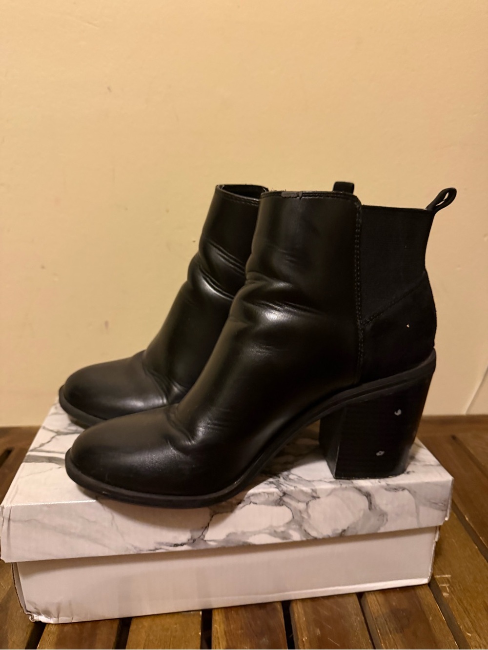 Bershka Black Leather Ankle Booties with Block Heel